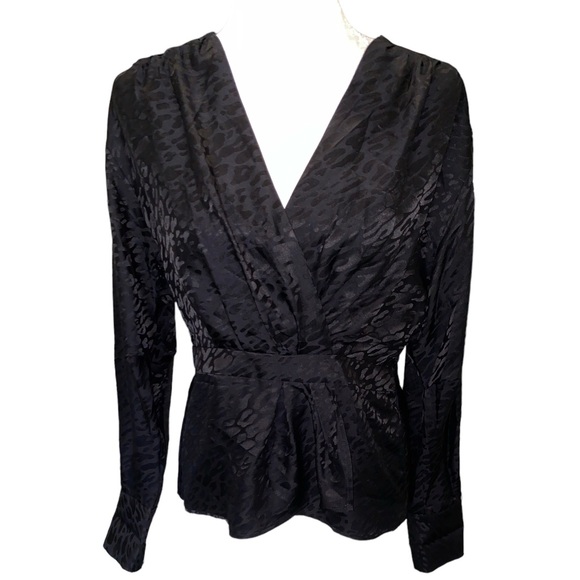 The Kooples Black Silk Leopard Print Faux Wrap Cropped Peplum Blouse - M - Picture 12 of 12